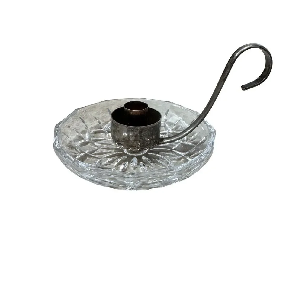 Silver plated Candle Holder 5” Cut Glass‎ Trinket Dish VTG Antique With Handle